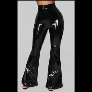 BLACK Large - High Waist PU Vinyl Patent Leather Flare Pants Women with zipper